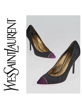 YVES SAINT LAURENT Paris Black & Magenta Suede Cap Toe Opyum 80 Pumps Heels